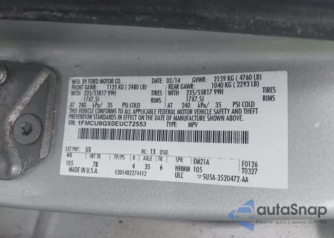 2014 Ford Escape Se из США, поврежденный, VIN 1FMCU9GX0EUC72553